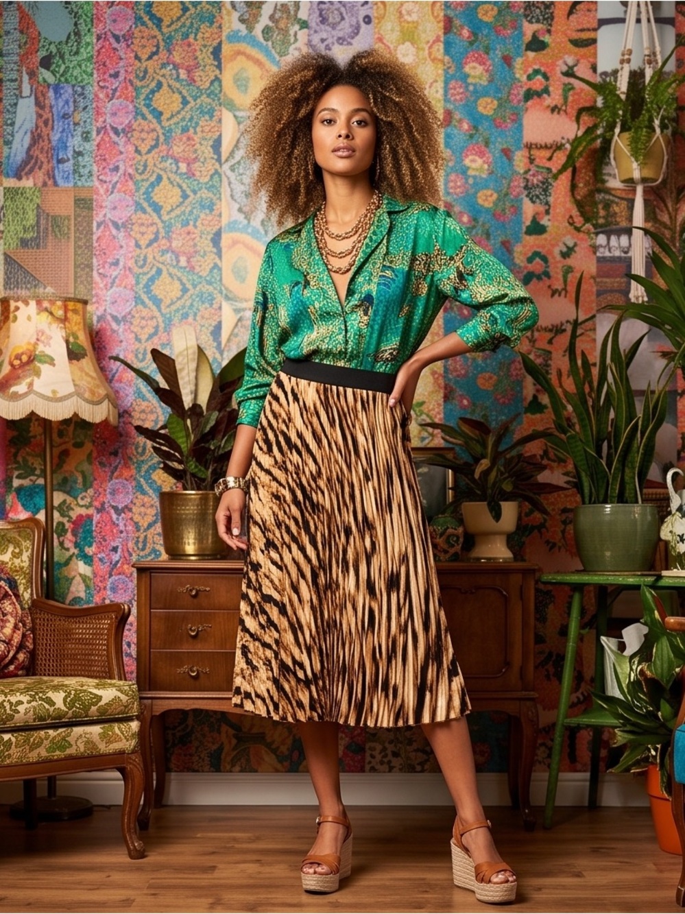 Leith Pleated Animal-Print Midi Skirt in Brown and Black Classic Chic